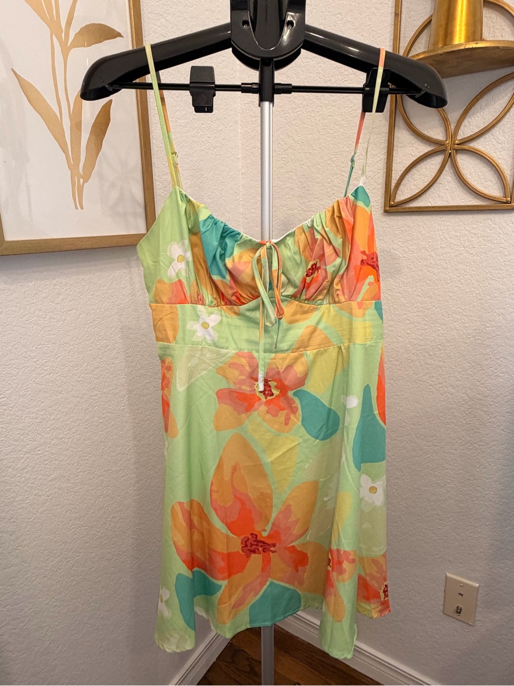 Double Crazy Floral Summer Slip Dress in Lime & Coral ~ Size Large